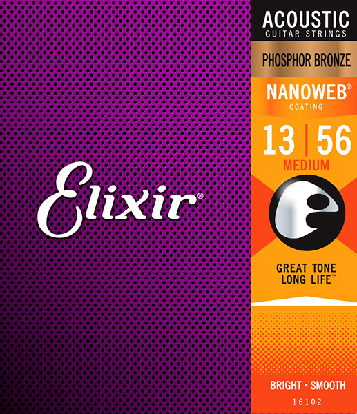 Elixir 16102 NANOWEB Комплект струн для акустической гитары, Medium, фосфорная бронза, 13-56