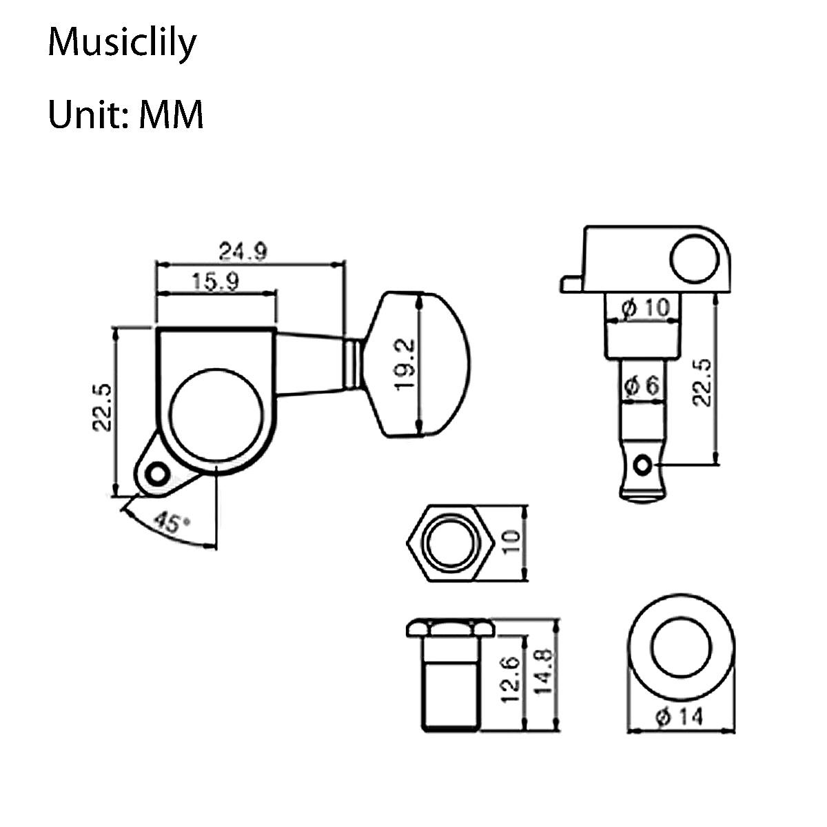 Musiclily MX1368BK-6 Колки для гитары, 6л, локовые, черные